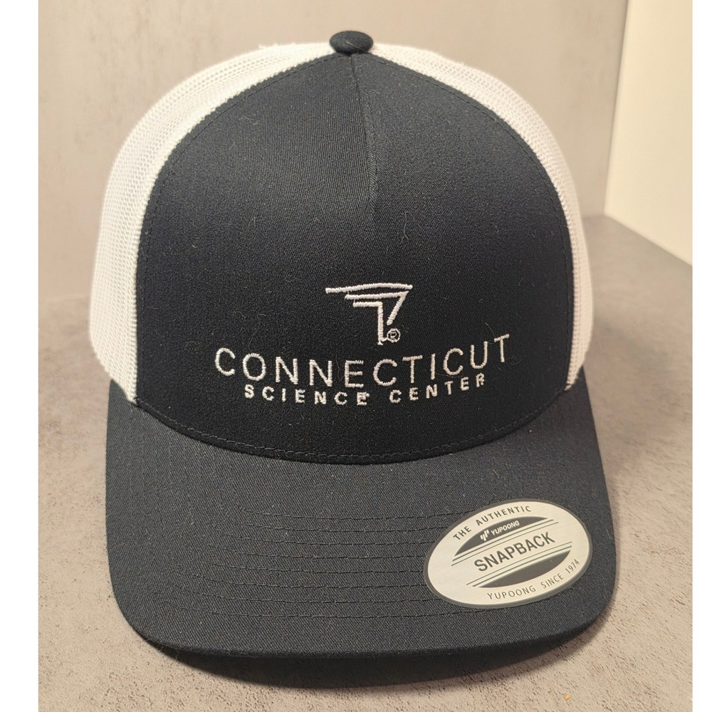 Yupoong Connecticut Science Center Snapback Trucker Hat Black White Mesh Cap